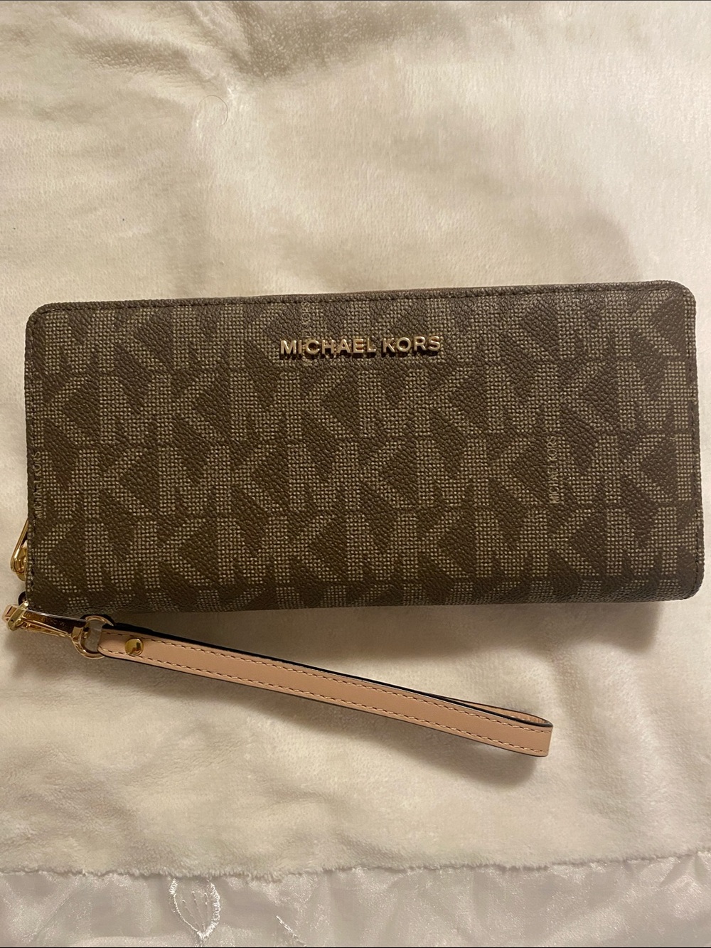 Michael Kors Brown Logo Zip-Around Wristlet with Pale Beige Strap